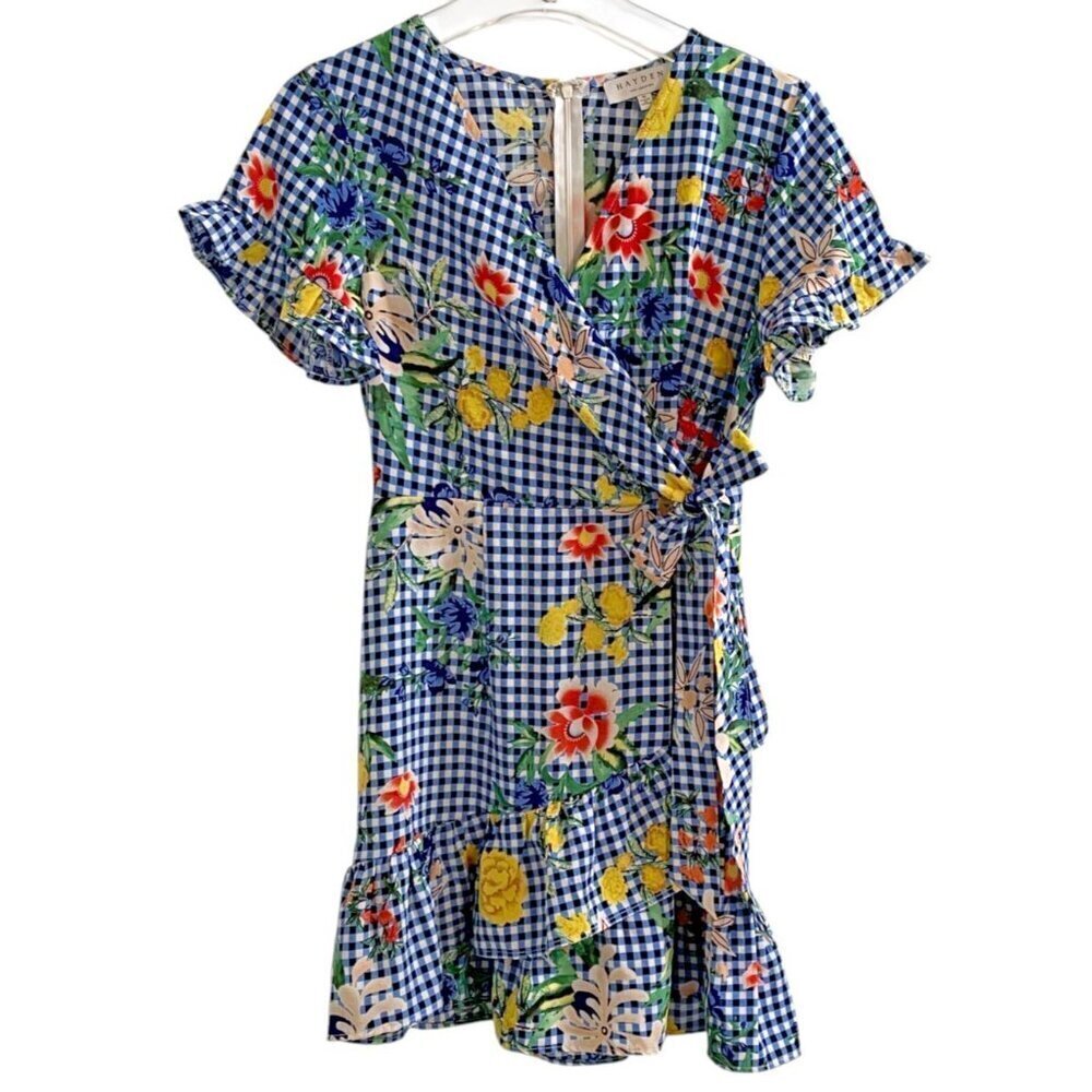 Hayden Los Angeles Gingham & Floral Faux Wrap Dress with Tie Waist – Size M